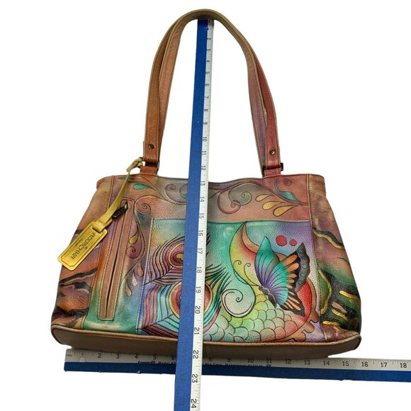 Anuschka Painted Butterfly Leather Hobo Shoulder Bag Zip Top Purse Dual Straps - Picture 11 of 16